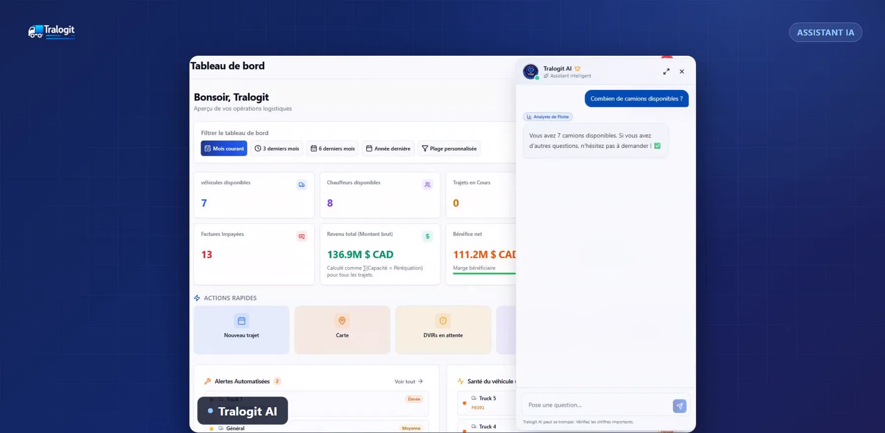 Assistant IA de Tralogit ouvert sur le tableau de bord, répondant à une question posée en français sur les camions disponibles