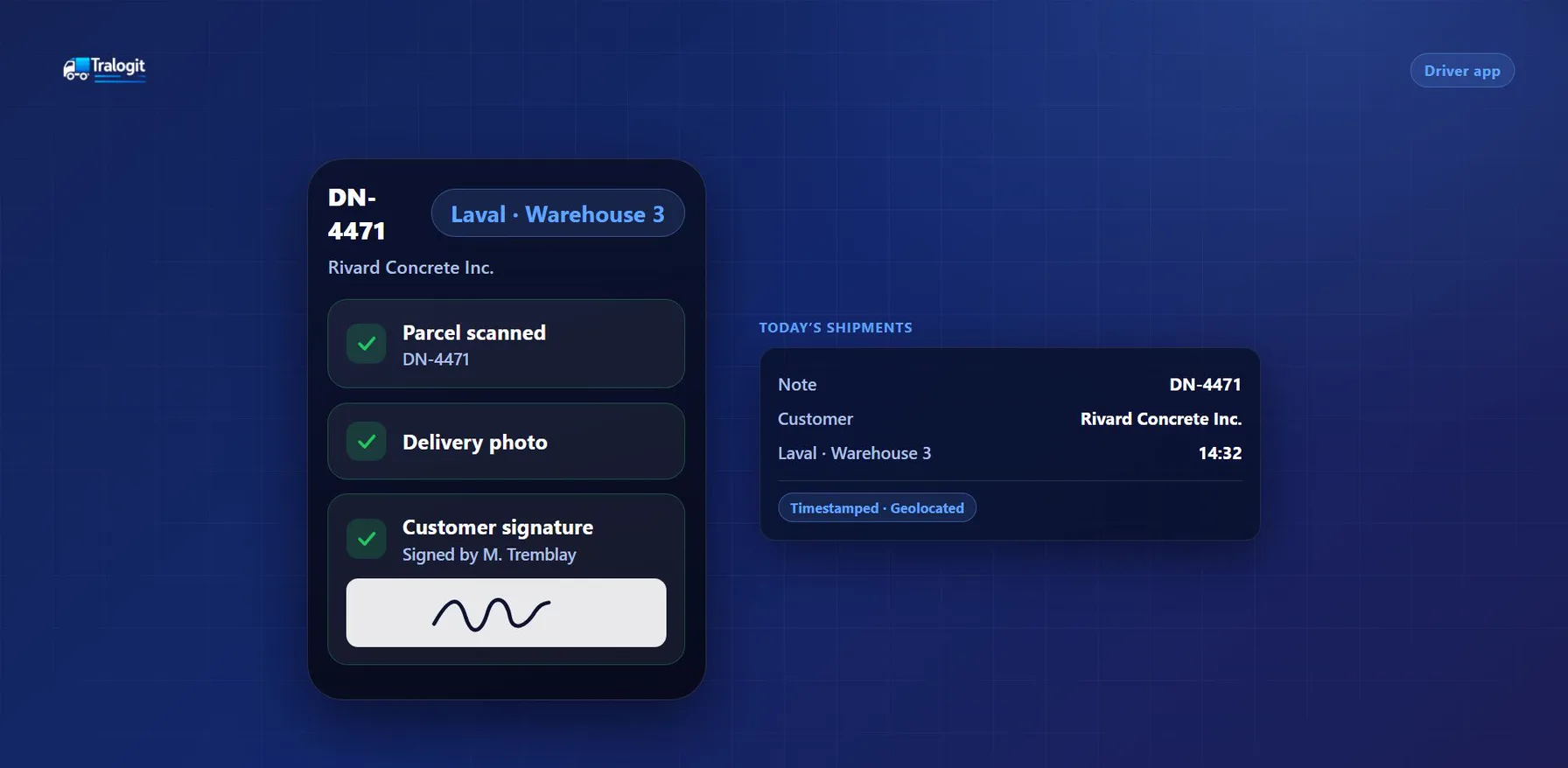 Illustration of Tralogit proof of delivery: parcel scanned, delivery photo and customer signature, timestamped and geolocated