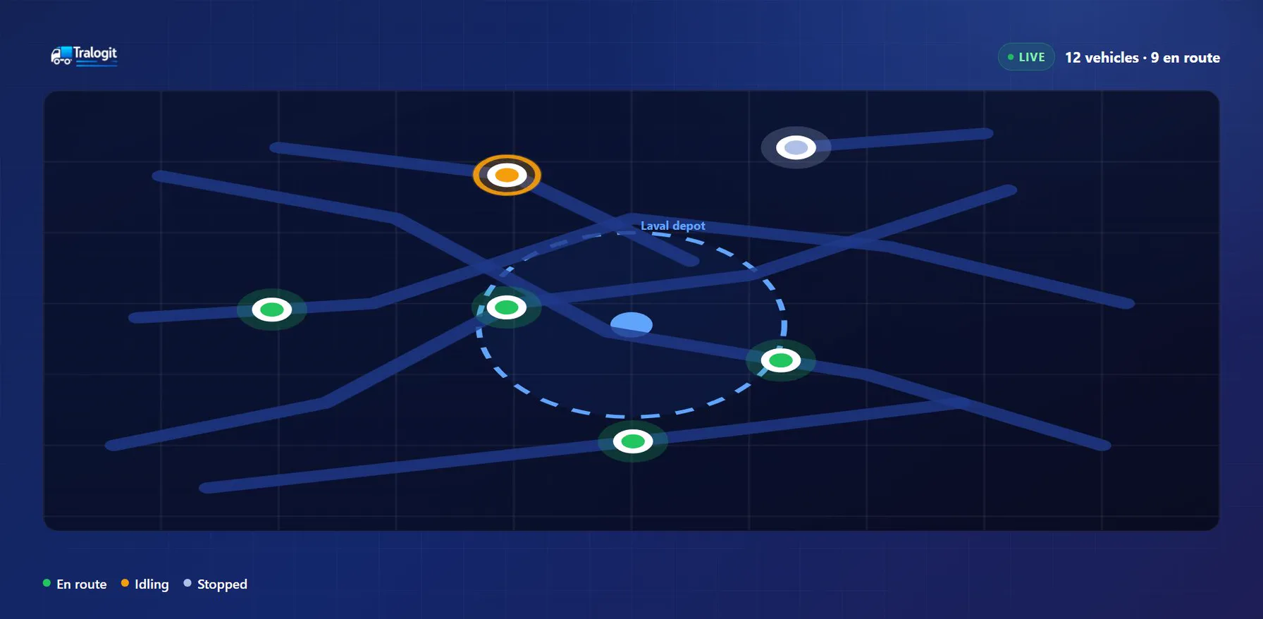 Illustration of the fleet tracked live around the Laval depot, each vehicle marked as moving, idling or stopped