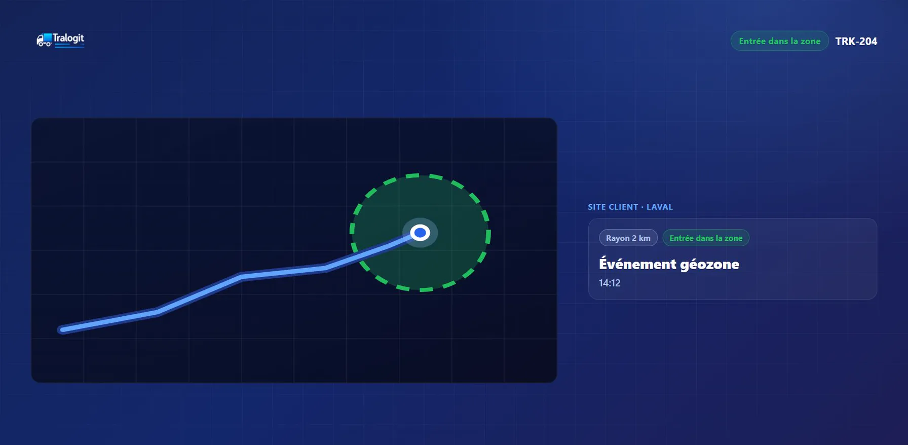 Illustration d'une géozone de 2 km autour d'un site client à Laval : le camion entre dans la zone et l'événement est horodaté
