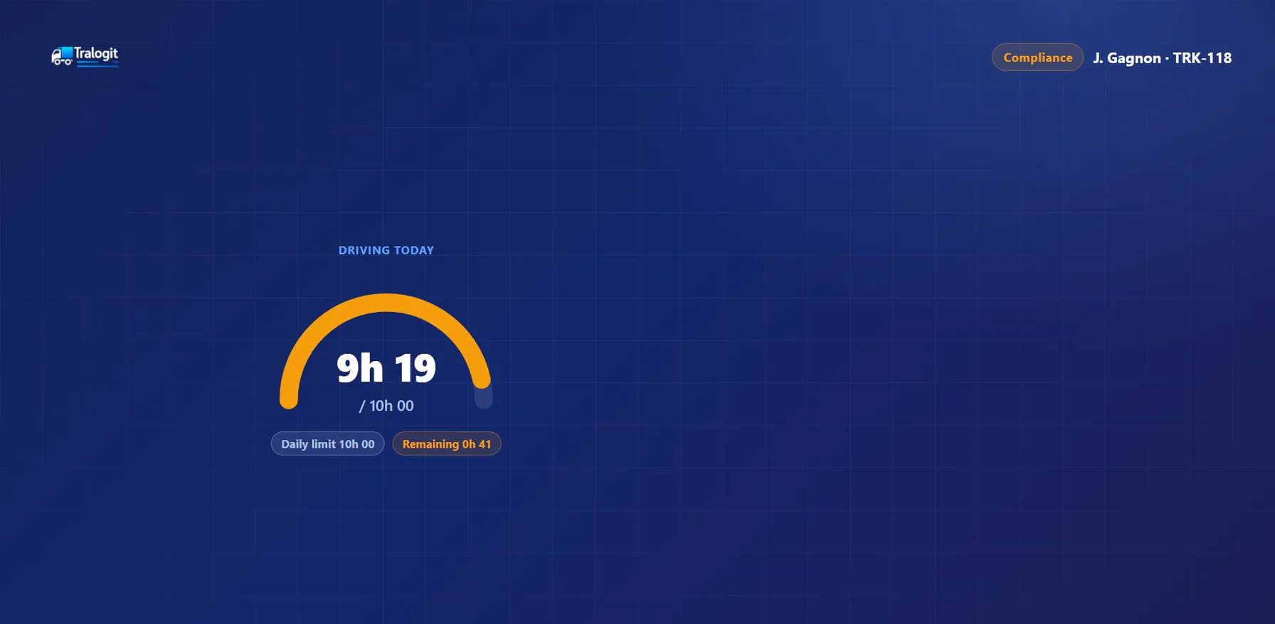 Illustration of hours of service tracking: 9 hours 19 against a 10 hour daily limit, 41 minutes left