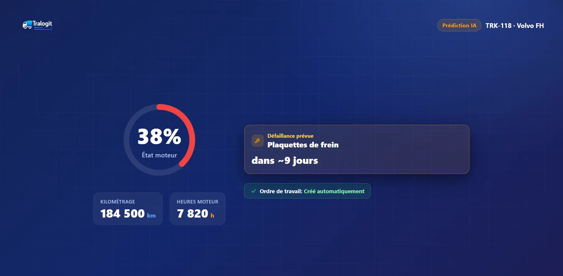 Illustration d'une défaillance prévue par l'IA sur les plaquettes de frein dans environ neuf jours, avec l'ordre de travail créé automatiquement