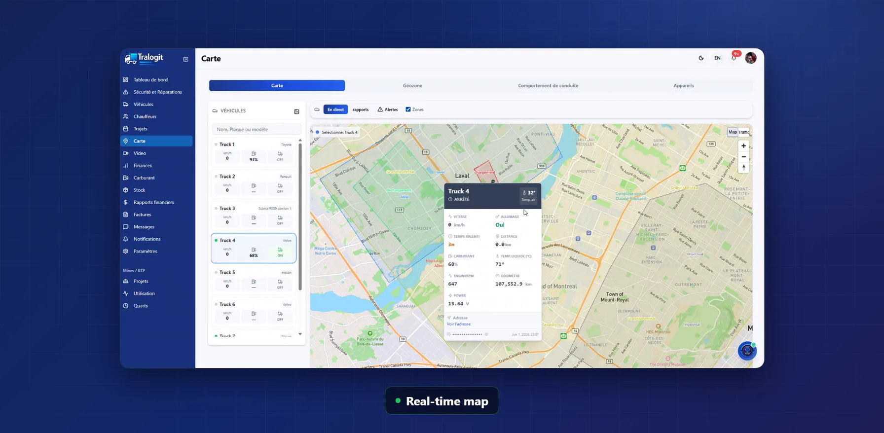 Live Tralogit map with the fleet tracked around Laval and one truck card open