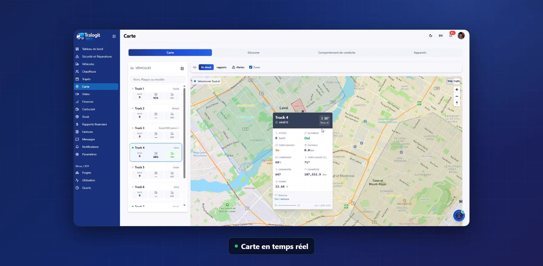 Carte Tralogit en temps réel avec la flotte suivie autour de Laval et la fiche d'un camion ouverte